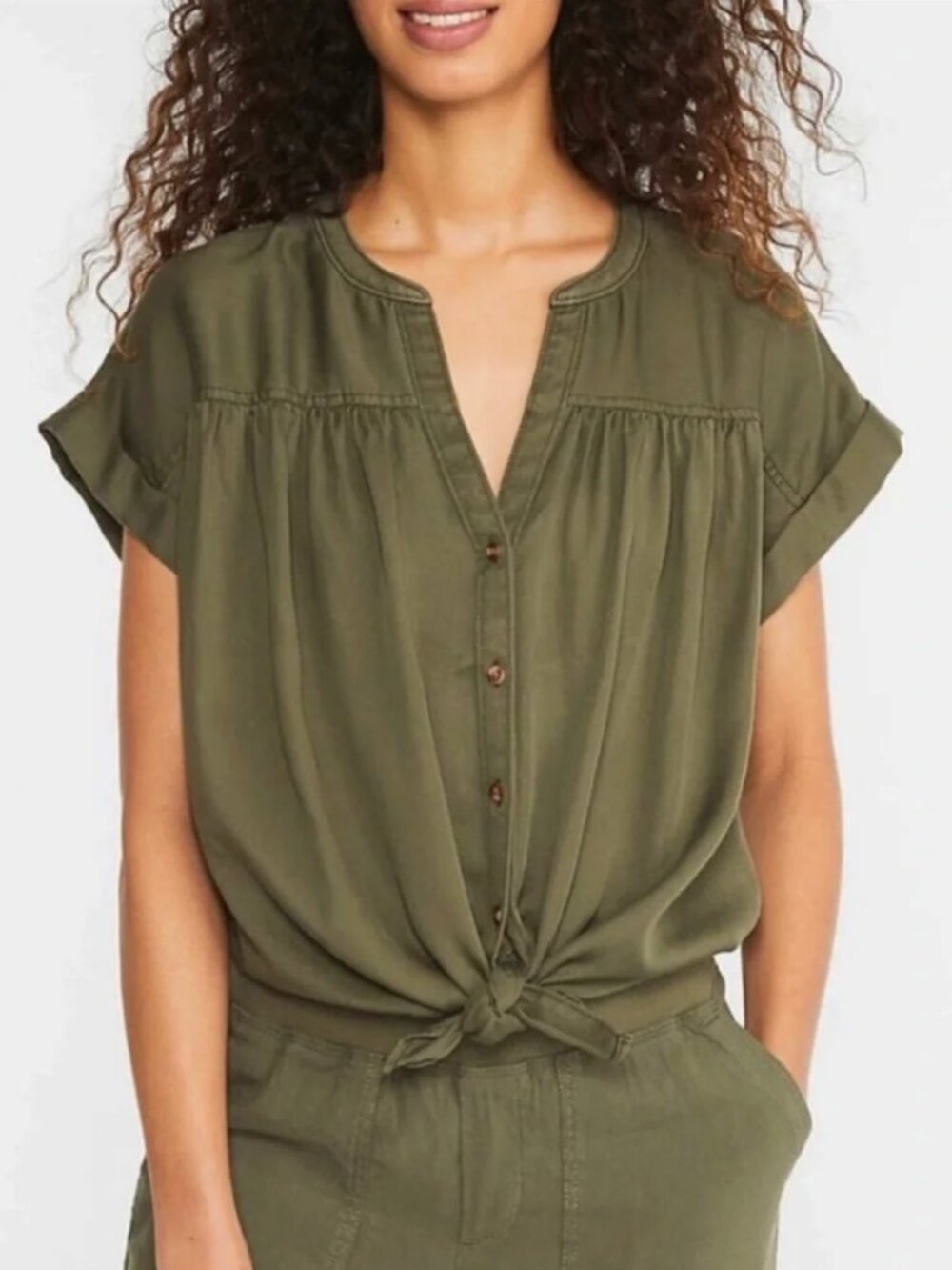 Lou & Grey for LOFT | 100% Lyocell Olive Green Fluid Twill Tie Front Top Small